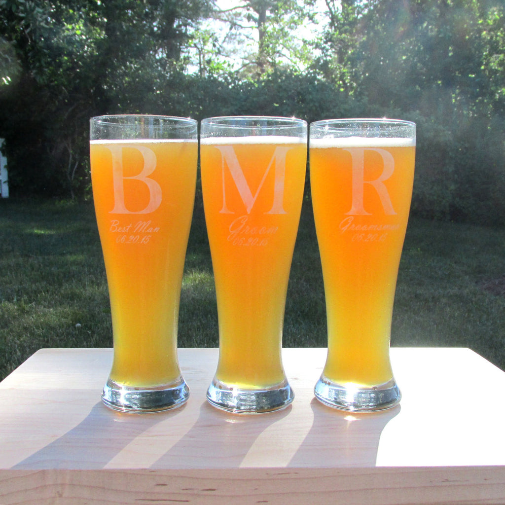 Personalized 24oz Pilsner Beer Glass with Bottle Opener and Wood